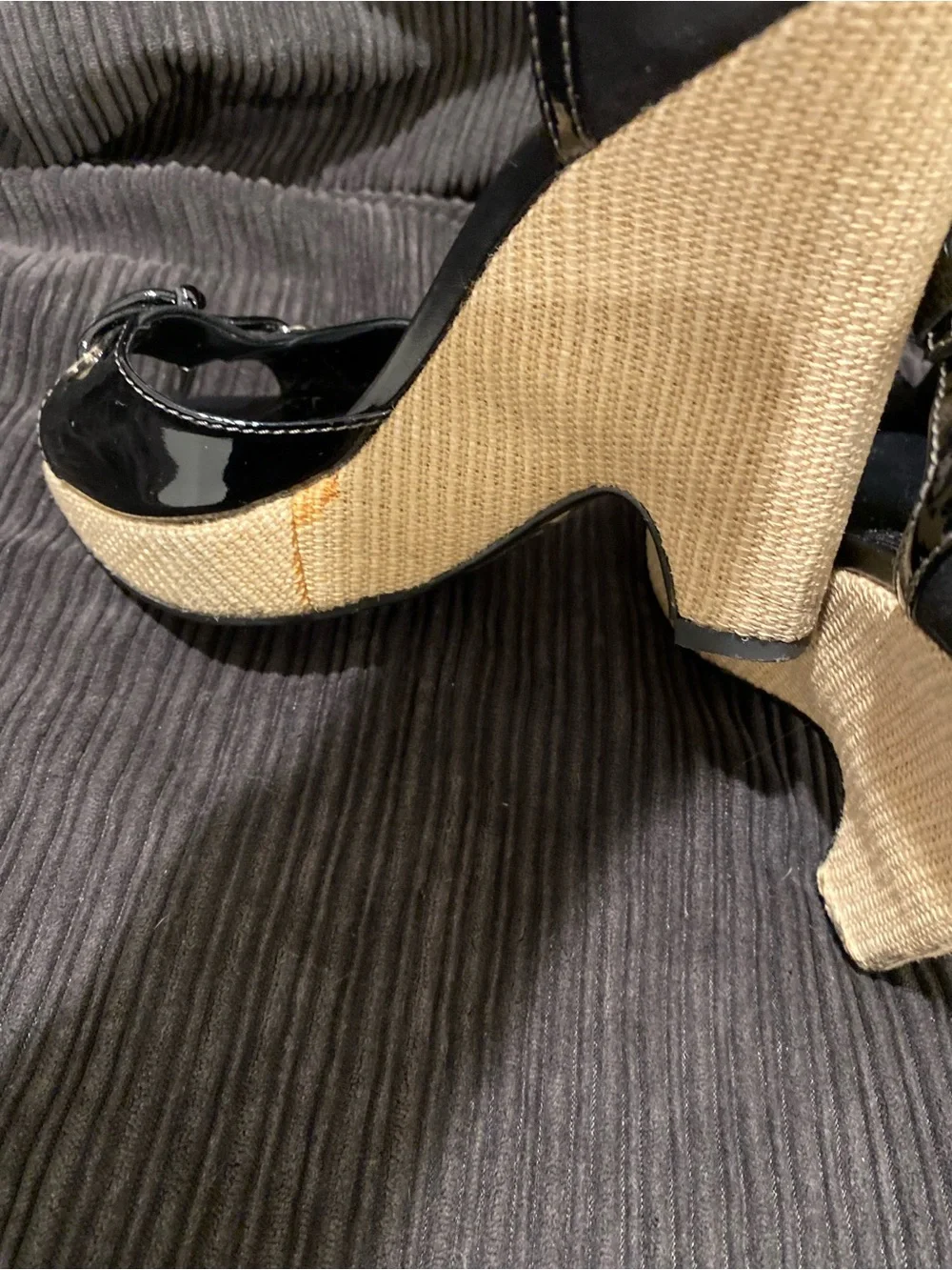 Tod's Black Patent Leather Wedge Sandals with Natural Woven Heel